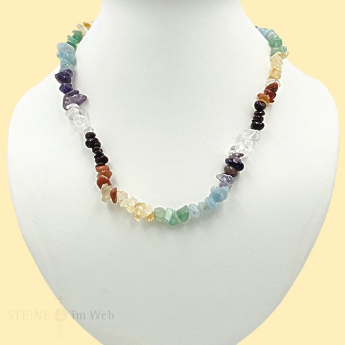 Chakren-Kette, Länge: 44-50 cm, Karabinerverschluss mit Verlängerungs-Kette  Steinsorten: Amethyst, Bergkristall, Aquamarin, Aventurin, Citrin, Karneol und Granat